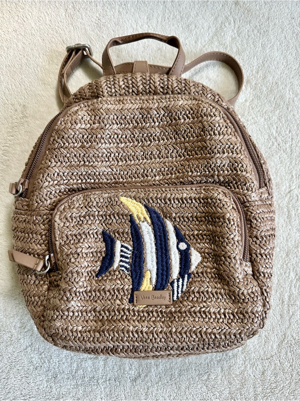 Vera Bradley Tan Woven Mini Backpack with Navy & Yellow Fish